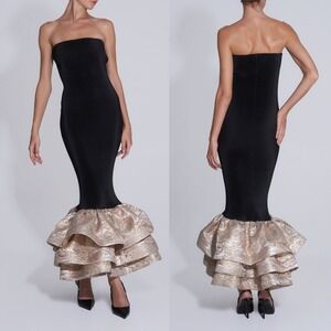 NWT L'idée Ramblas Strapless Maxi Dress‎ in Noir Gold Brocade - Size S / US  4
